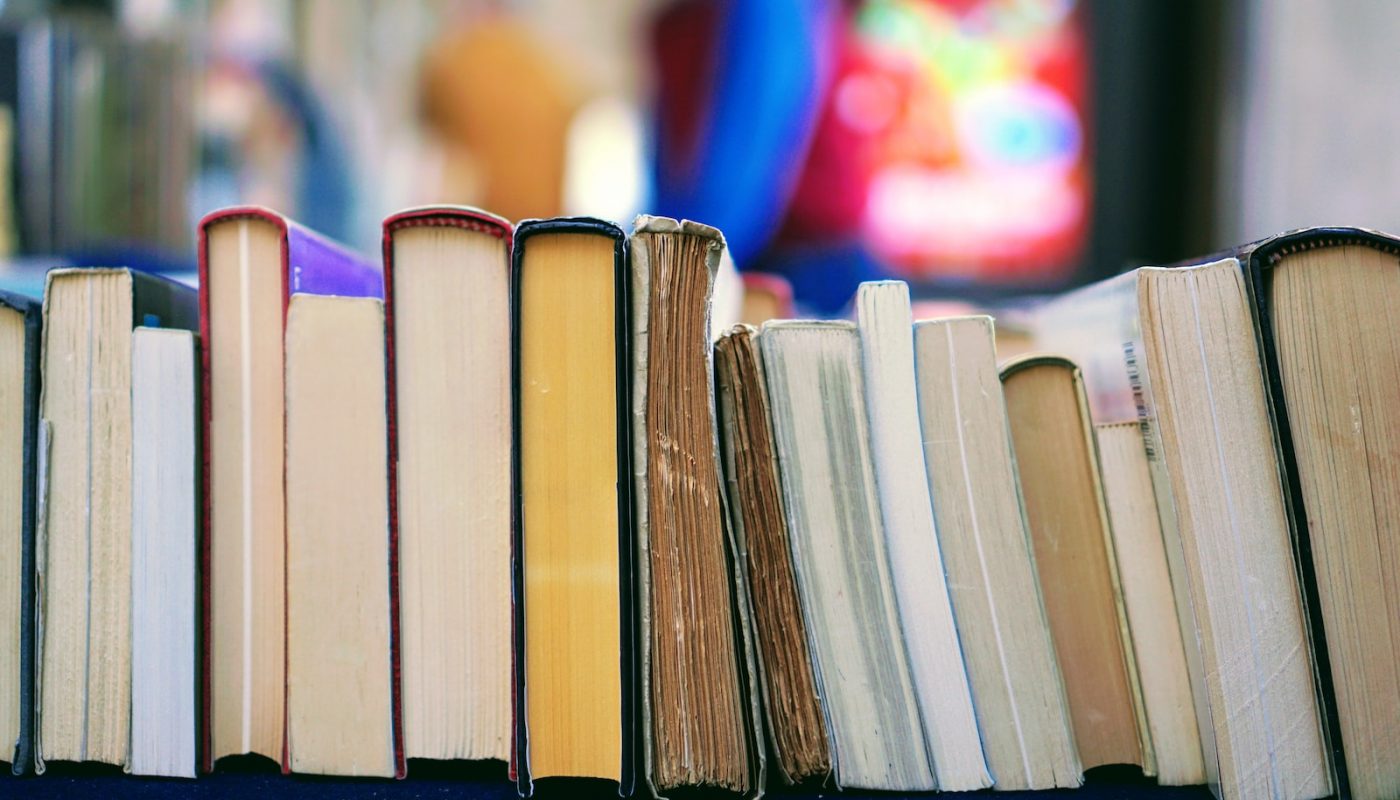 book lot on table