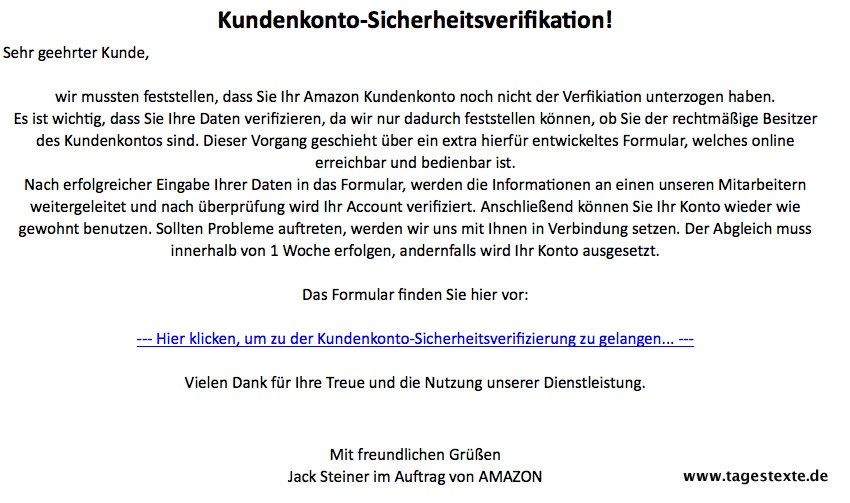 Dreister Amazon-Spam: Ihr Amazonkonto muss sich einer Verifizierung unterziehen!