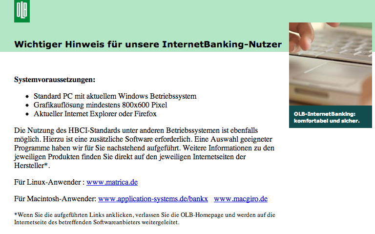 Bye, bye, Oldenburgische Landesbank! – OLB Onlinebanking mit OS X nicht nutzbar