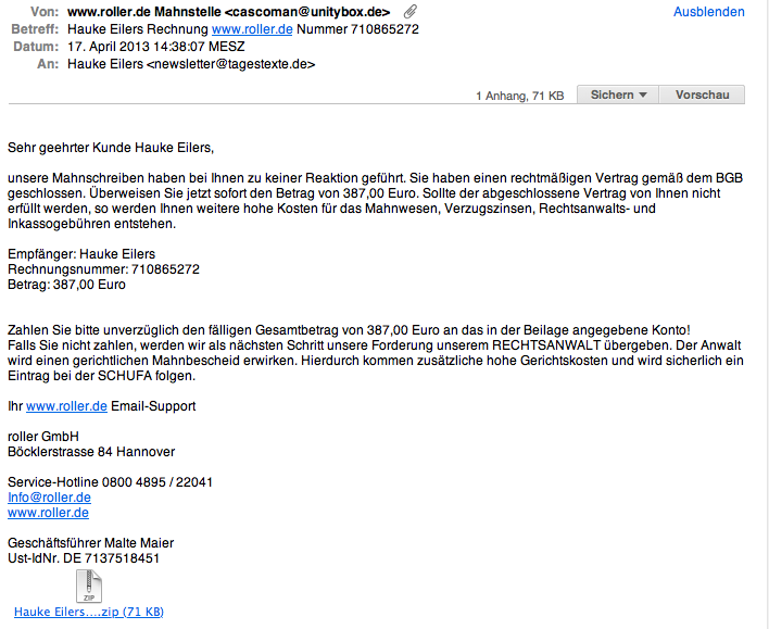 Spam-Email: Spam von der Mahnstelle von www.roller.de