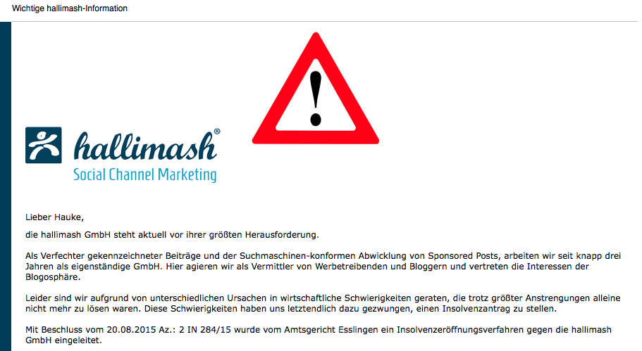 Die Hallimash GmbH ist insolvent.