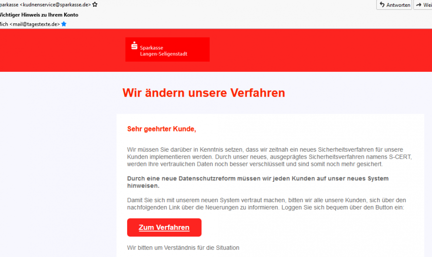 Spam: Angebliche E-Mail zu neuem Sparkassen Sicherheitsverfahren